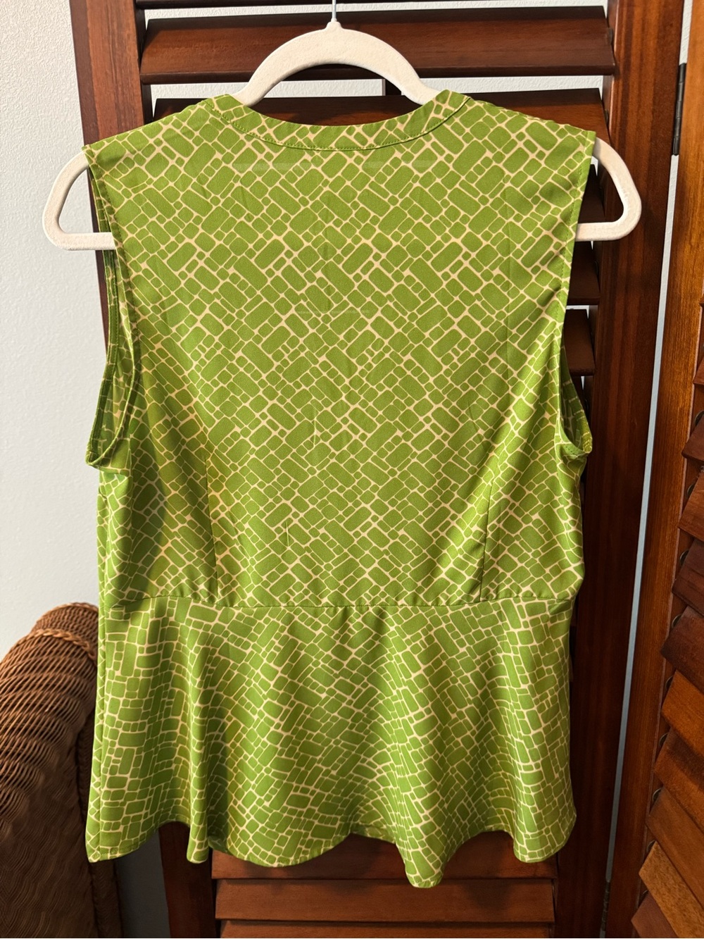 CAbi Sleeveless Peplum Top in Lime Green Geometric Print